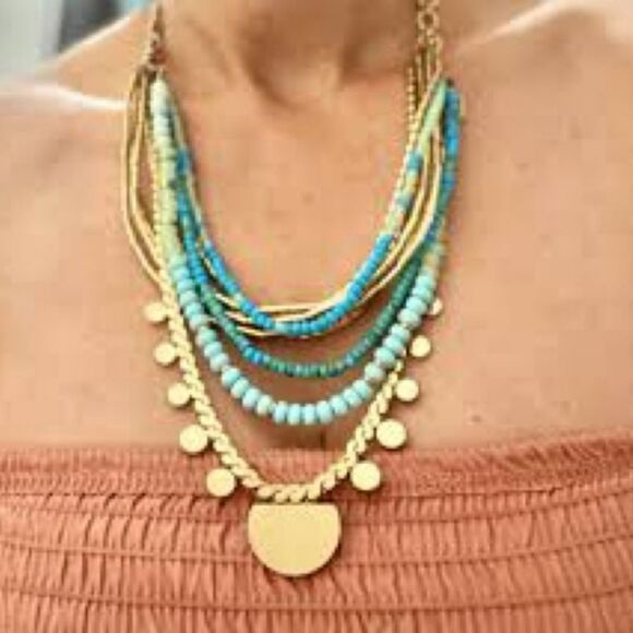 Stella & Dot Isa Gold Disc Turquoise Multi Strand Adjustable Necklace - Picture 9 of 12
